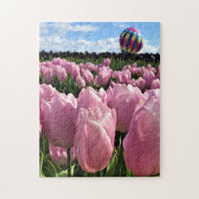 Quebra-cabeça Campo de Tulipas Rosa com Balão de Ar Quente, Oreg (Vertical)