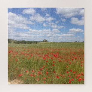 Quebra-cabeça Campo Poppy francês com céu azul e nuvens