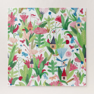 Quebra-cabeça Campos Florais: Padrão de Casas de Aquarela