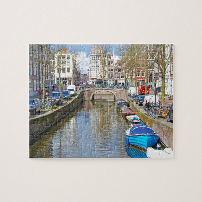 Quebra-cabeça Canal de Amsterdão com barcos (Horizontal)