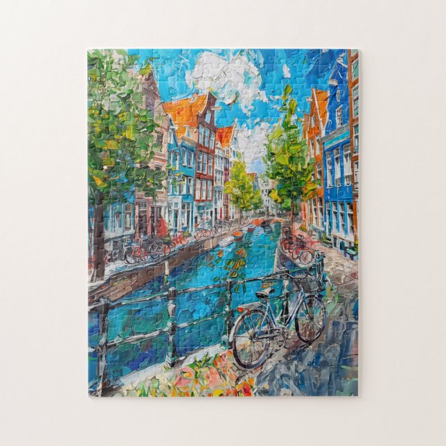 Quebra-cabeça Canal with Bicycles and Colorful Houses Painting (Vertical)