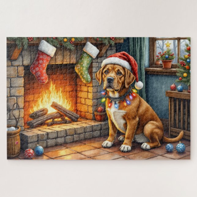 Quebra-cabeça Cane Corso Lareira com Luzes de Natal (Horizontal)