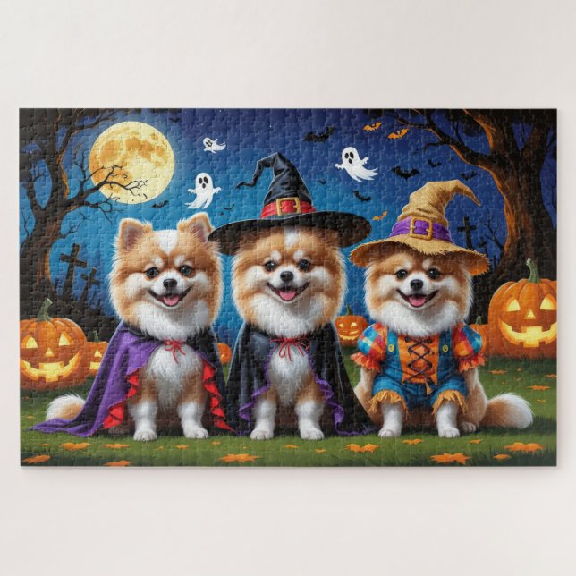 Quebra-cabeça Caninos Pomeranianos Pumpkin Halloween Engraçado (Horizontal)
