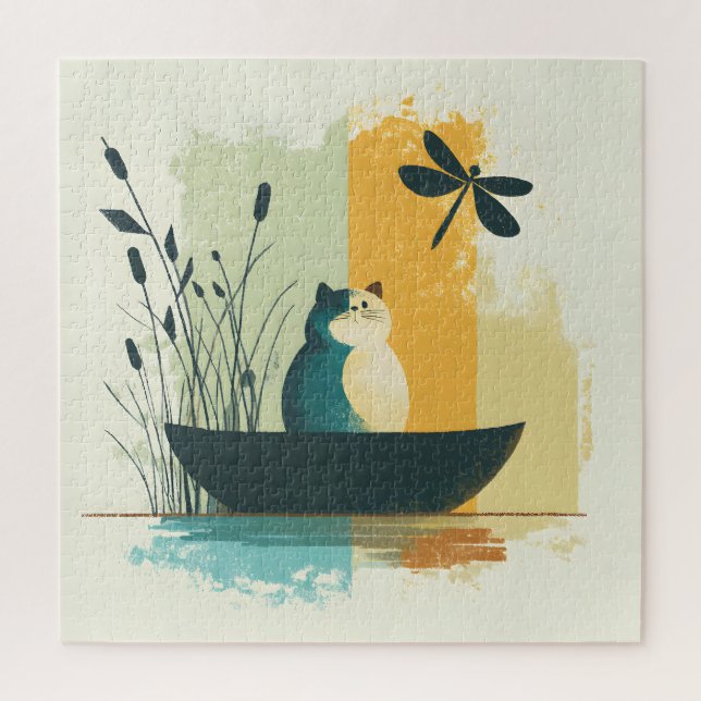 Quebra-cabeça Canoa Branca de Gatos Abstrato do Lago Chubby, Min (Vertical)