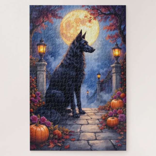 Quebra-cabeça Cão Afegão Arte de Halloween Lua Gótica (Vertical)