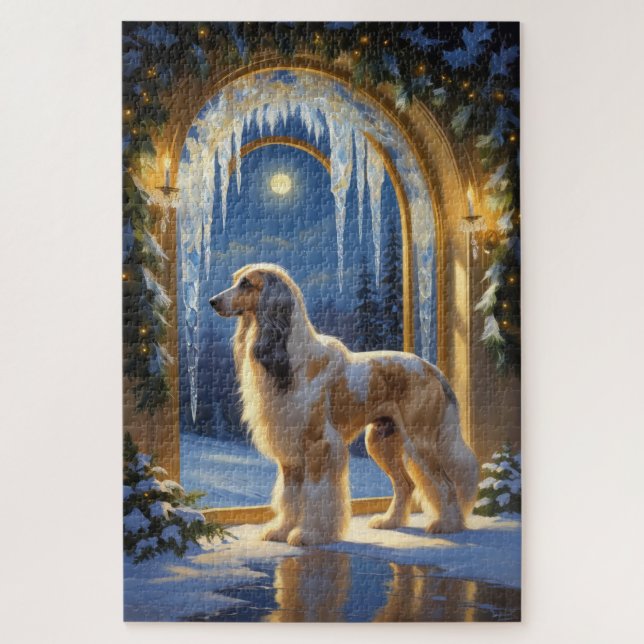 Quebra-cabeça Cão Afegão Com Luzes De Natal Feriado (Vertical)