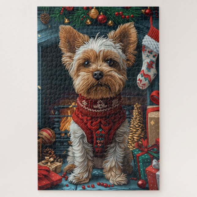 Quebra-cabeça Cão Biewer Terrier com Presentes de Natal Lareira (Vertical)