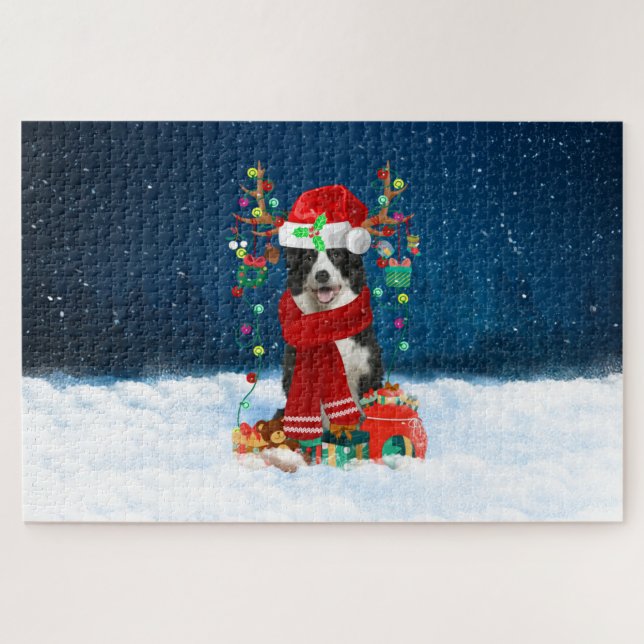 Quebra-cabeça Cão Border Collie com presentes de Natal (Horizontal)