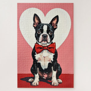 Quebra-cabeça Cão Boston Terrier Dia dos Namorados Laço Carmesim
