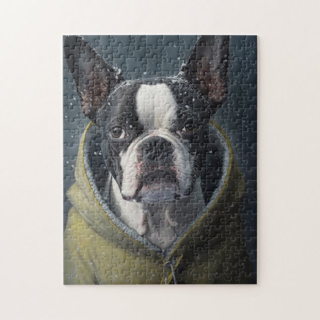 Quebra-cabeça CÃO BOSTON TERRIER inverno  (Vertical)