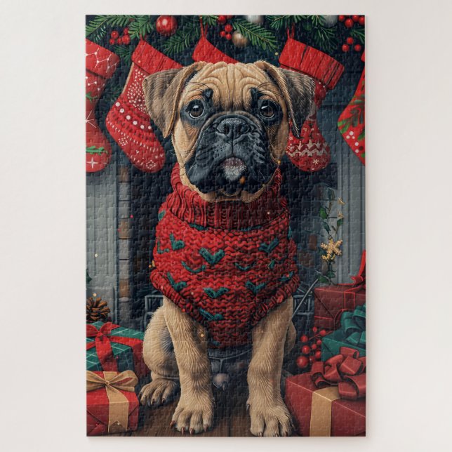 Quebra-cabeça Cão Bullmastiff com Presentes de Natal Lareira (Vertical)
