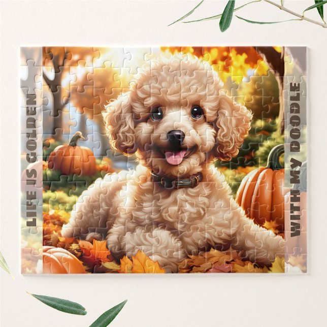 Quebra-cabeça Cão Cachorro Cachorro Cachorro Cachorro Cachorro C (Cute Dog Goldendoodle Puppy Fall Pumpkin Name Jigsaw Puzzle)