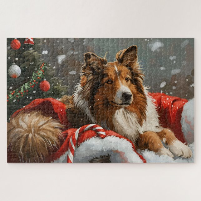Quebra-cabeça Cão Collie Áspero Festa de Natal (Horizontal)