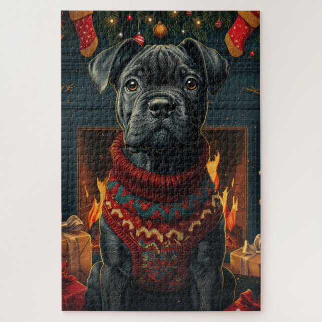 Quebra-cabeça Cão Corso Com Presentes De Natal Lareira (Vertical)