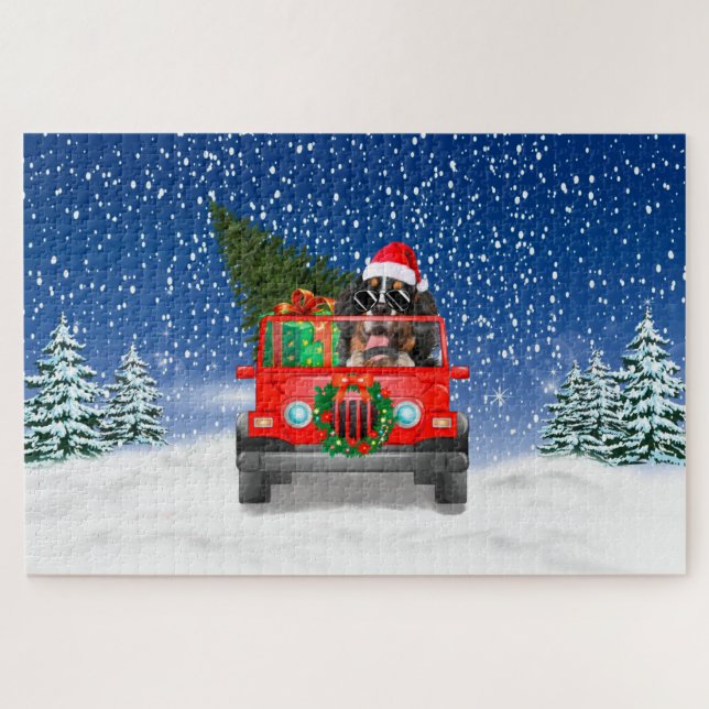 Quebra-cabeça Cão da Montanha Bernese com presentes de Natal (Horizontal)