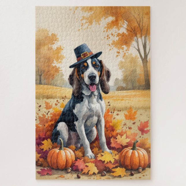 Quebra-cabeça Cão de Caça Bluetick Folhas de Outono Arte do Dia  (Vertical)