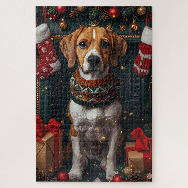 Quebra-cabeça Cão de Caça Inglês Americano com Presentes de Nata (Vertical)