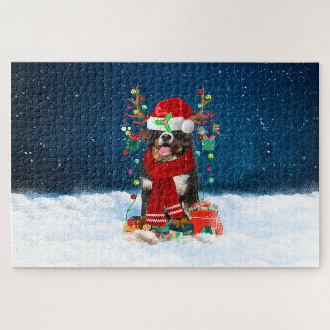 Quebra-cabeça Cão de montanha bernês com presentes de Natal (Horizontal)