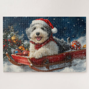Quebra-cabeça Cão de Ovelha Inglês em Trenó Deixe Nevar Natal