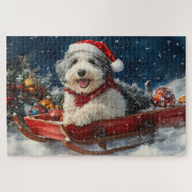 Quebra-cabeça Cão de Ovelha Inglês em Trenó Deixe Nevar Natal (Horizontal)