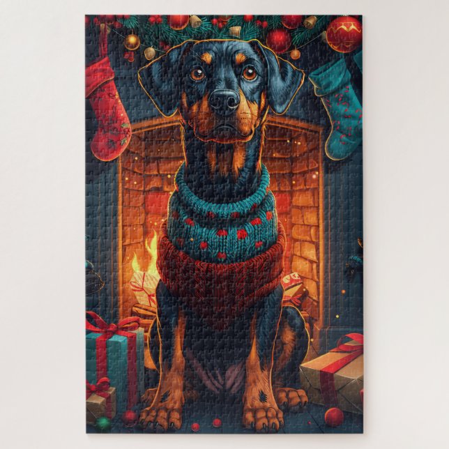 Quebra-cabeça Cão Doberman com Presentes de Natal Lareira (Vertical)