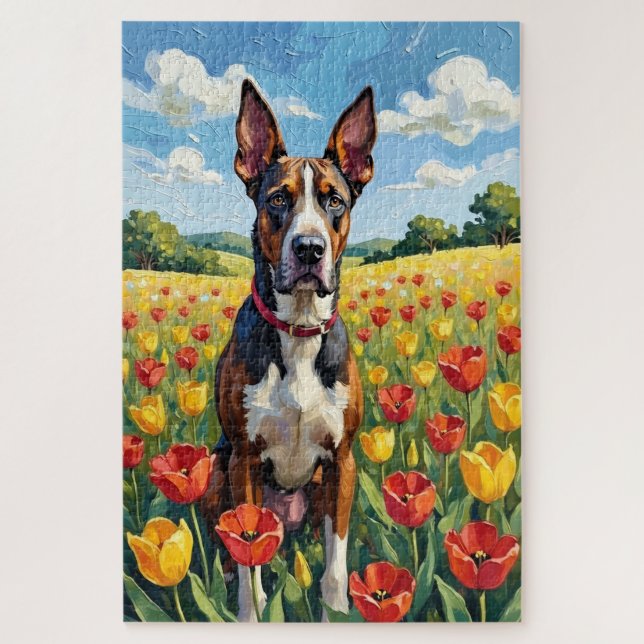 Quebra-cabeça Cão Dogue Alemão Campo de Tulipas da Primavera (Vertical)