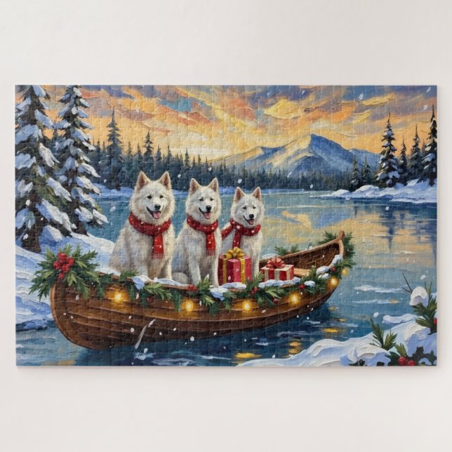 Quebra-cabeça Cão Eskimo Americano Branco Natal Barco Férias (Horizontal)