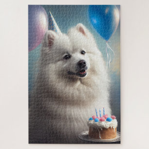 Quebra-cabeça Cão esquimó americano com aniversário de balões