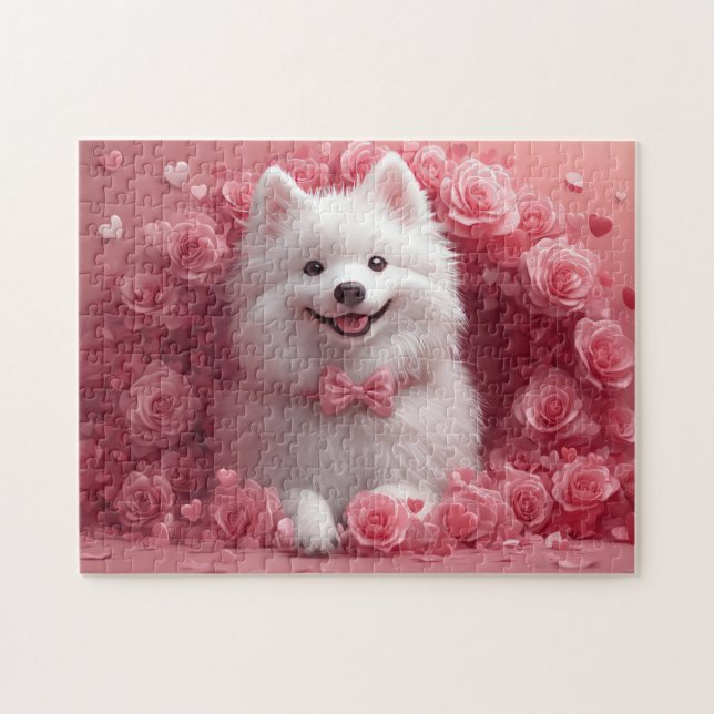 Quebra-cabeça Cão Esquimó Americano com Rosas - Dia dos Namorado (Horizontal)