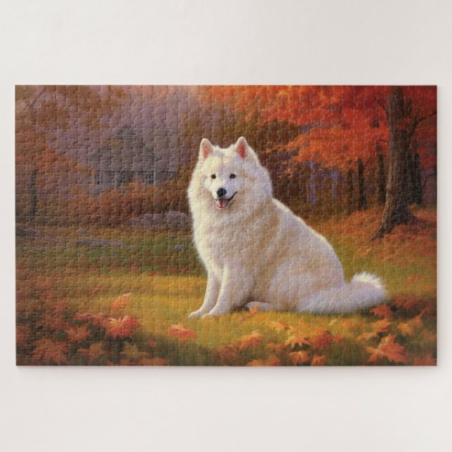Quebra-cabeça Cão Esquimó Americano Inspirado em Folhas de Outon (Horizontal)
