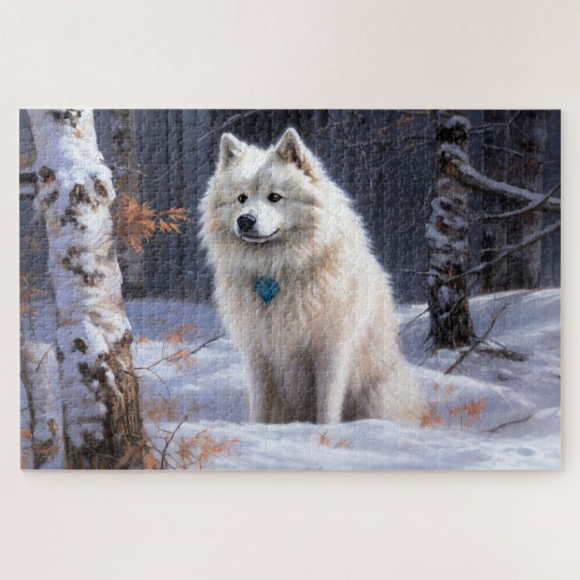 Quebra-cabeça Cão Esquimó Americano Natal Neve de Inverno (Horizontal)