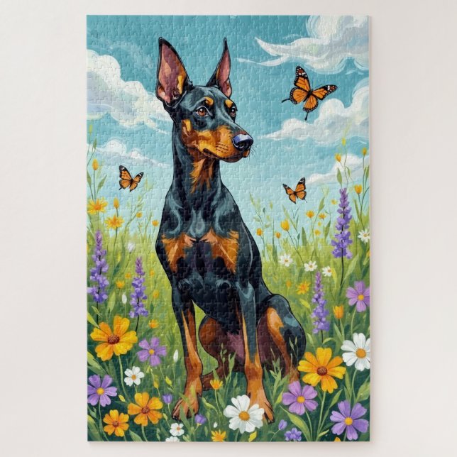 Quebra-cabeça Cão Floral de Doberman Spring Meadow (Vertical)