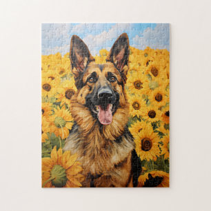 Quebra-cabeça cão german shepherd nos girassóis