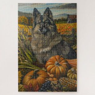 Quebra-cabeça Cão Keeshond Colheita de Outono Dia de Ação de Gra