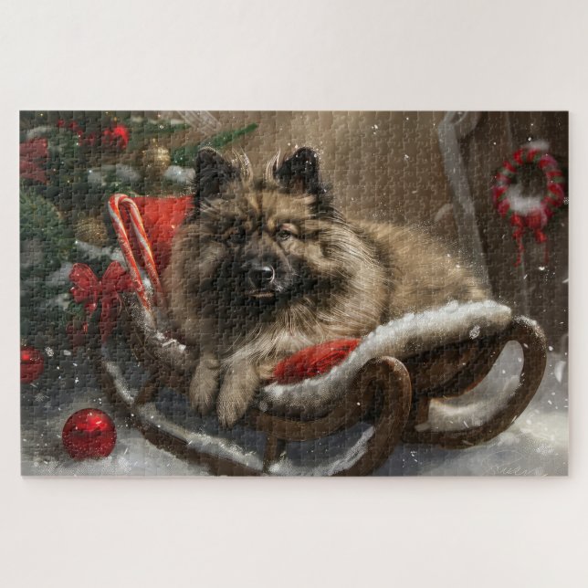 Quebra-cabeça Cão Keeshond Natal Festivo (Horizontal)