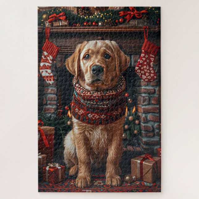 Quebra-cabeça Cão Labrador com Presentes de Natal na Lareira (Vertical)