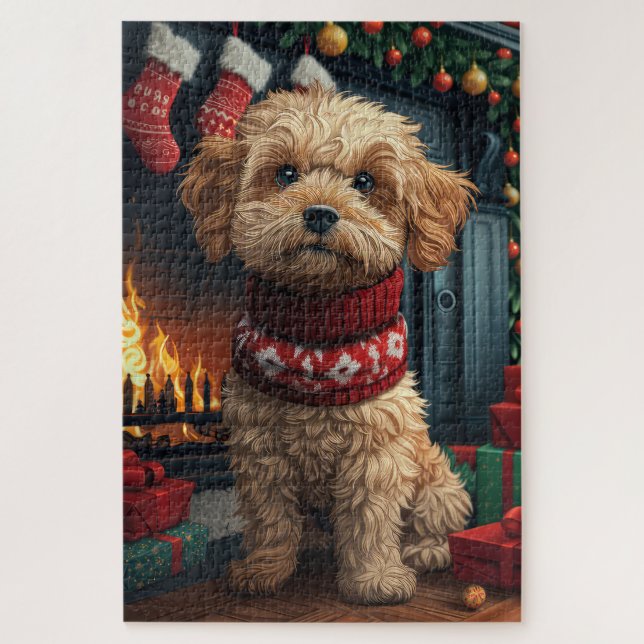Quebra-cabeça Cão Lhasa Apso Com Presentes De Natal Lareira (Vertical)
