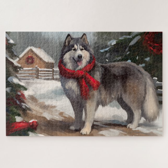 Quebra-cabeça Cão Malamute do Alasca na Neve Natal (Horizontal)