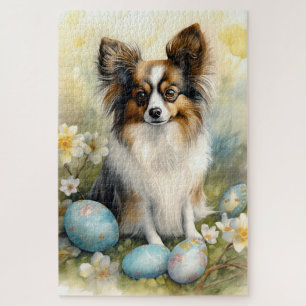 Quebra-cabeça Cão Papillon com Feriado de Ovos de Páscoa