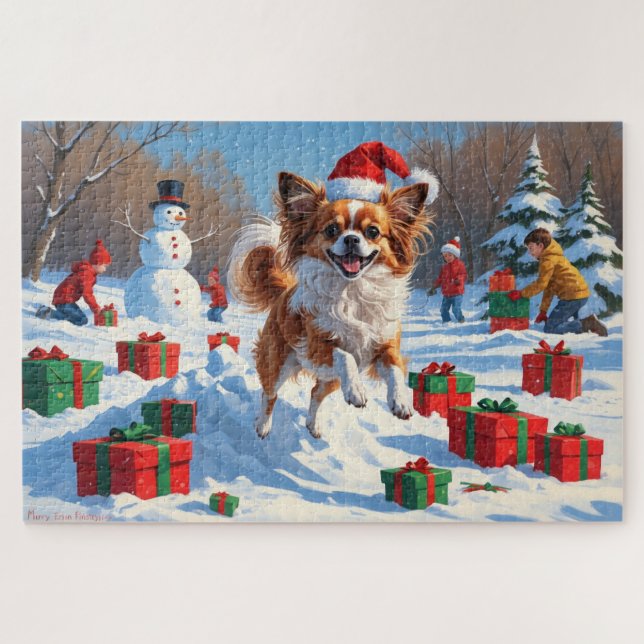 Quebra-cabeça Cão Papillon Correndo na Neve com Chapéu de Natal (Horizontal)