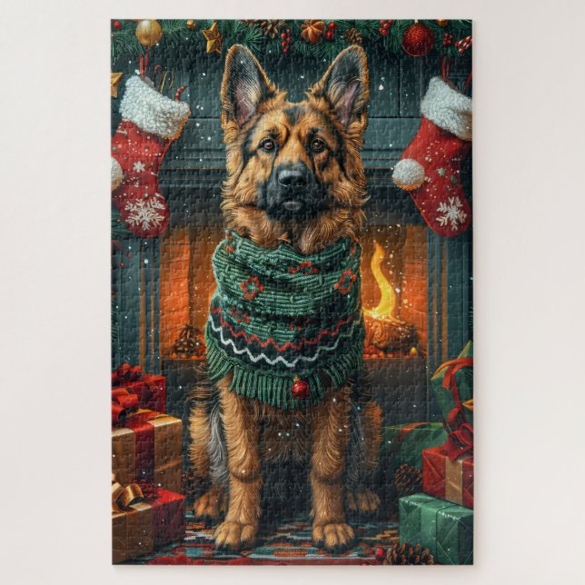 Quebra-cabeça Cão Pastor Alemão Com Presentes de Natal Lareira (Vertical)