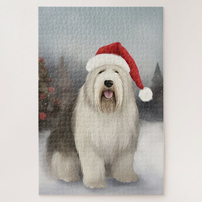 Quebra-cabeça Cão Pastor Inglês Antigo na Neve Natal (Vertical)