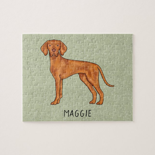Quebra-cabeça Cão Pointer Fofo Vizsla Húngaro Com Nome Verde (Horizontal)