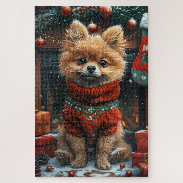 Quebra-cabeça Cão Pomerânia com Presentes de Natal Lareira (Vertical)