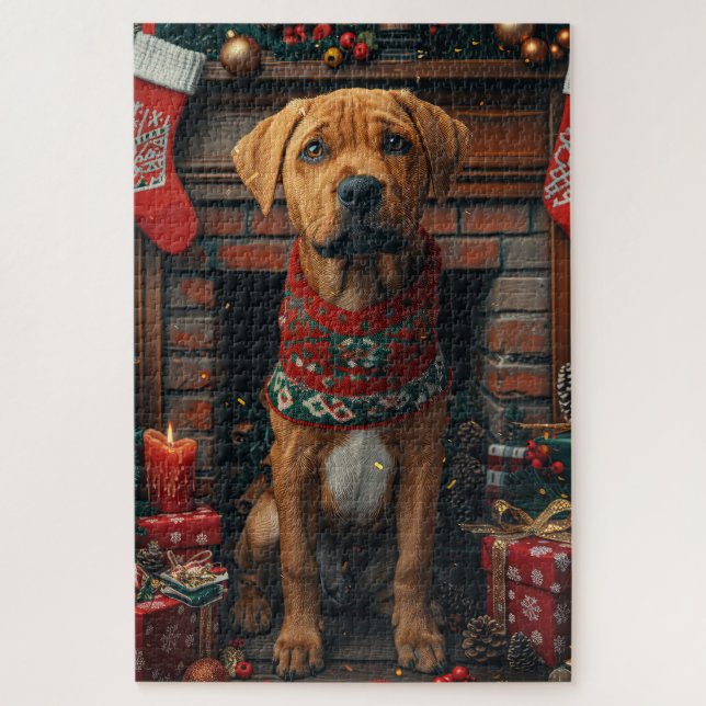 Quebra-cabeça Cão Rhodesian Ridgeback Com Presentes de Natal  (Vertical)
