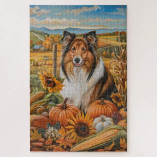 Quebra-cabeça Cão Rough Collie Colheita de Outono Dia de Ação de