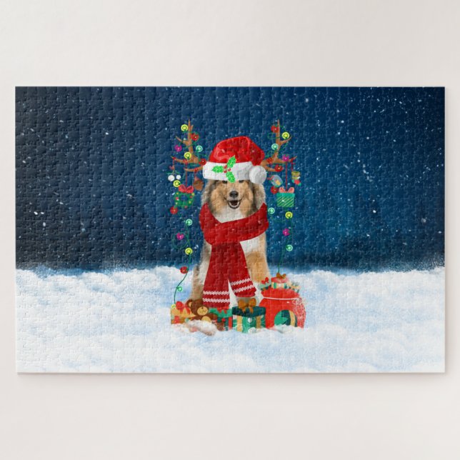 Quebra-cabeça Cão Rough Collie com presentes de Natal (Horizontal)