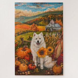 Quebra-cabeça Cão Samoyed Colheita de Outono Dia de Ação de Graç