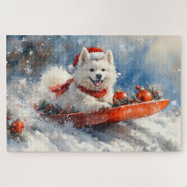 Quebra-cabeça Cão Samoyed no Trenó 'Deixe Nevar' Natal (Horizontal)