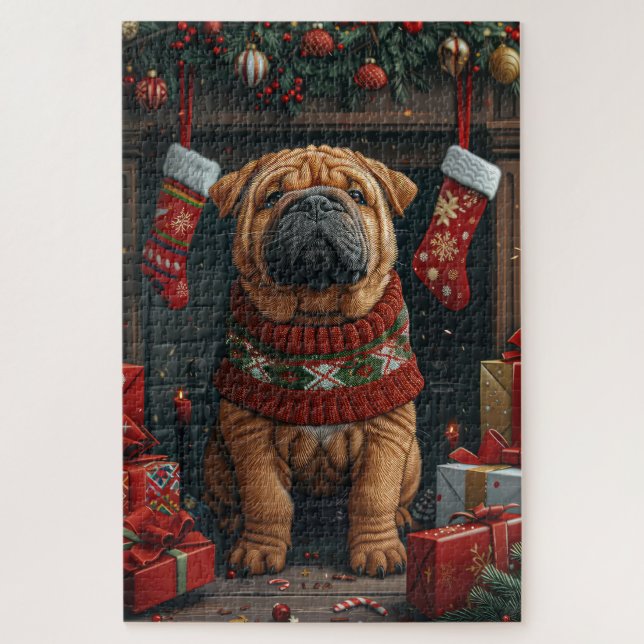 Quebra-cabeça Cão Shar Pei Com Presentes de Natal Lareira (Vertical)